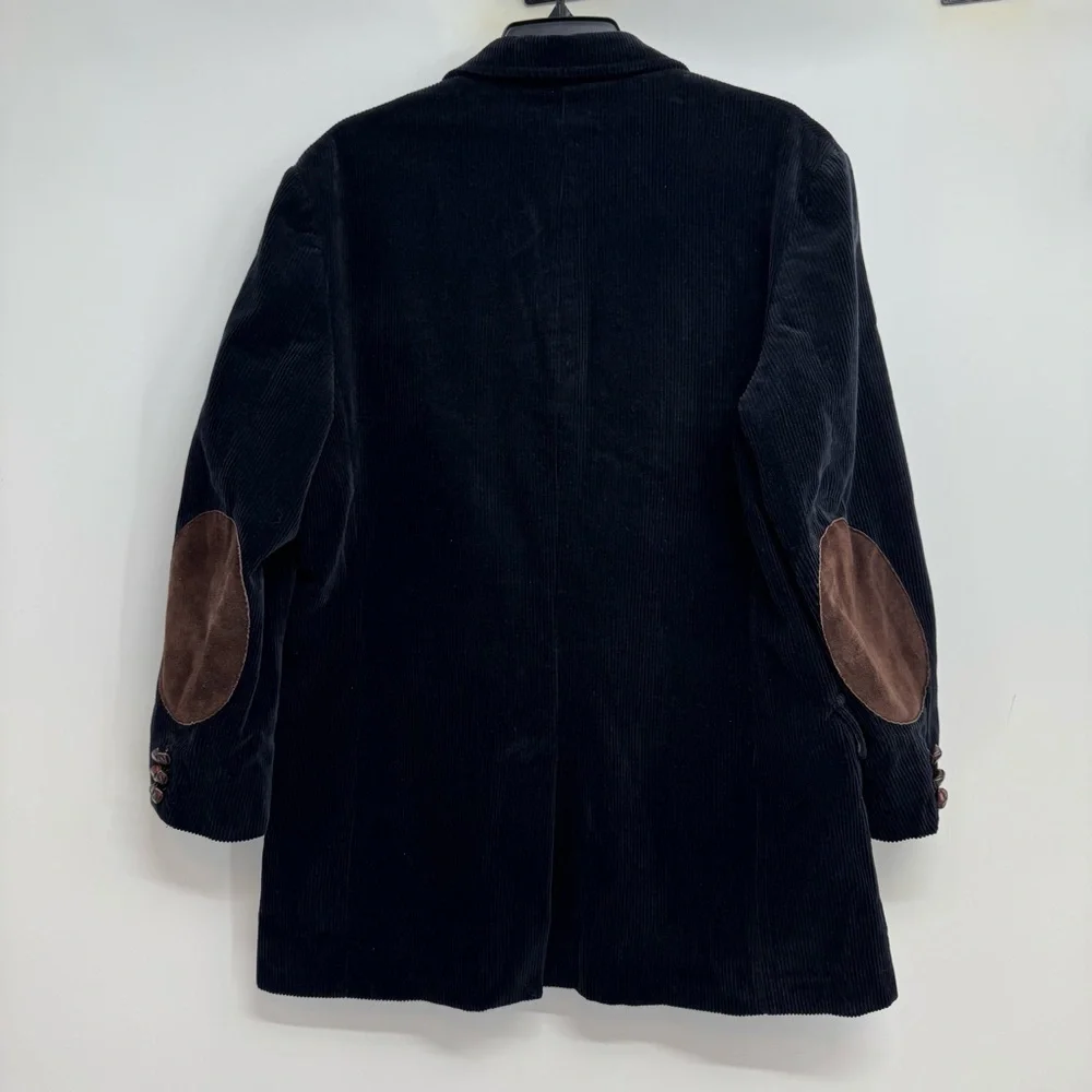 J.Crew Sz M Corduroy Sport Coat Blazer Jacket Black Flannel Lined Elbow Patches